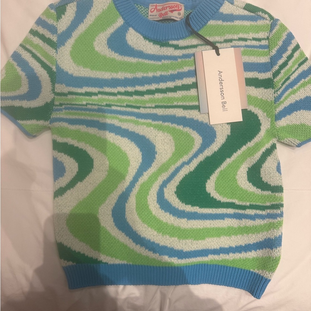 New With Tags Andersson Bell Blue and Green Patterned Cotton Sweater